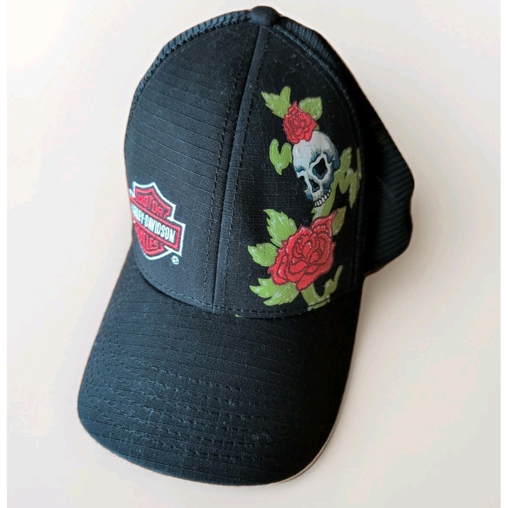 Harley Davidson Women's Cap- Black/ Skull Roses Adjustable Genuine H.D. EUC